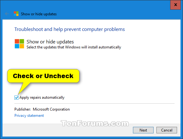 hide and show update windows 10