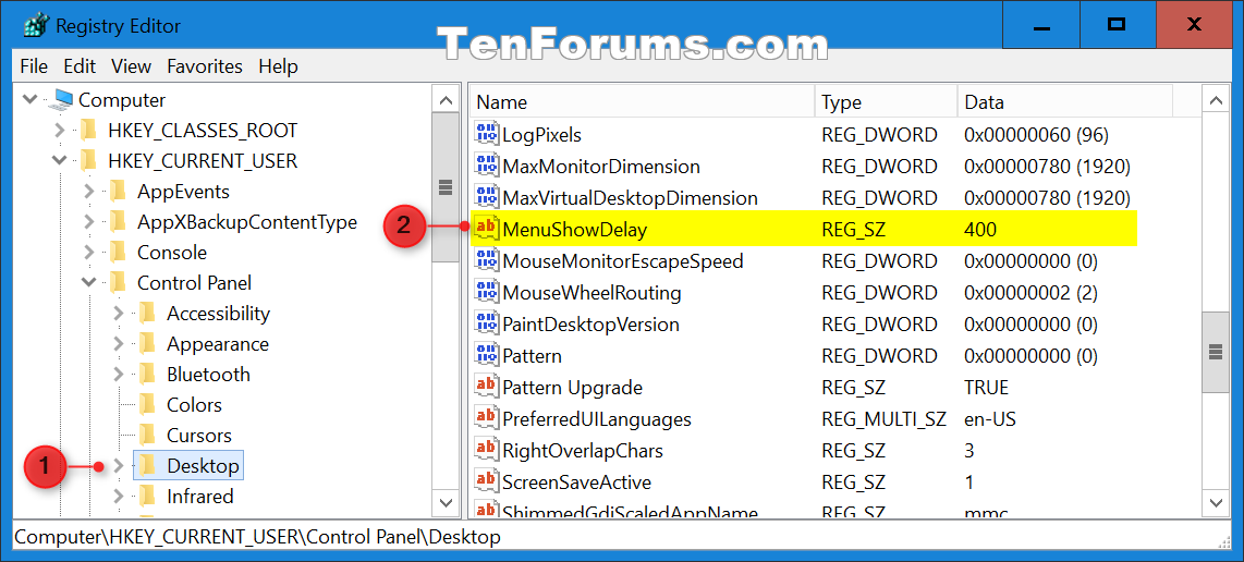 windows 10 registry menu show delay