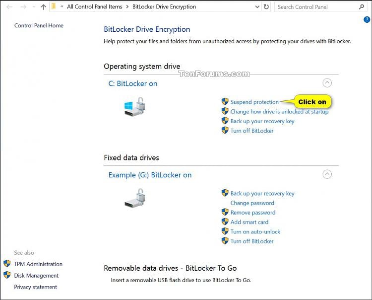 suspend or resume bitlocker protection for drive