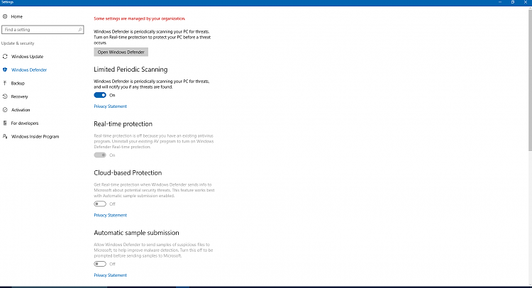 Windows Defender - Some Settings Are Managed by your Organization-prooftest.png