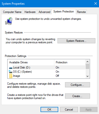 Restore Point Setup shows Local Disk (D:) as well as OS (C:) (System)-system-properties-restore-point-.png