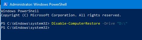 Restore Point Setup shows Local Disk (D:) as well as OS (C:) (System)-turn-off-system-protection-drives-powershell.jpg