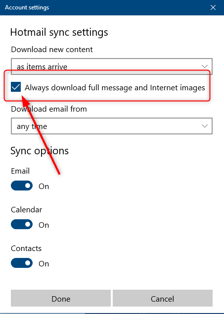 Using Windows 10 Mail app but messages show no images just line text-image.png
