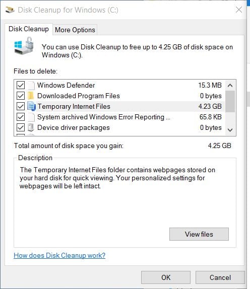 how do you delete temporary internet files on windows 10