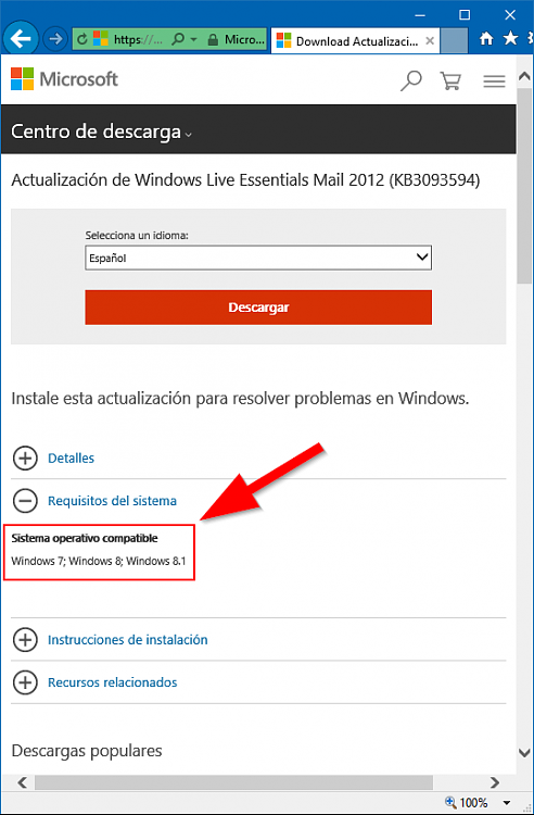 Update for Windows Live Essentials Mail 2012 (KB3093594) kills WLM-wlmail-kb3093594-sysreq-es-es.png