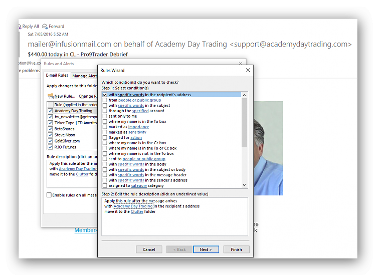 how to create rules in outlook 2016 windows