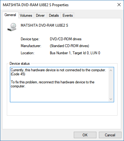&quot;MATSHITA DVD-RAM UJ8E2 S&quot; is not being recognized as operable.-image.png