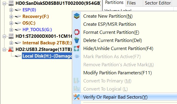 Seagate 14TB hard drive not detected or files not found-diskgenius-repair-bad-sectors.jpg