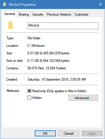 File Explorer reporting wrong size for some folders, Windows 10 v1809-winsxs-properties.png