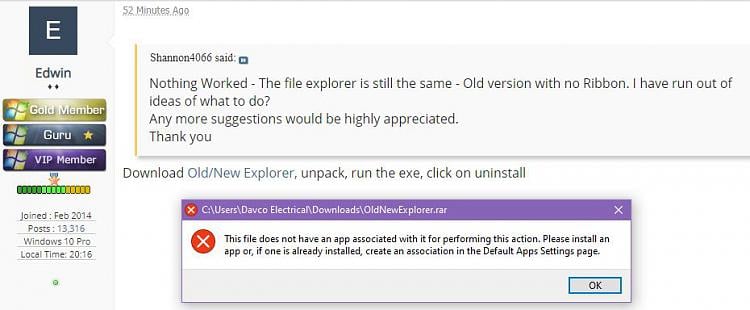 Windows installed 1903 version, but no ribbon in file explorer-error.jpg