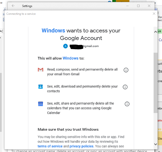Caution Windows Wants Access To Your Google Account Windows 10