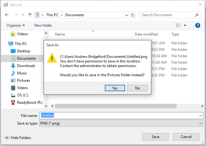 Windows 10 says I don't have permission to save anything.-capture.png