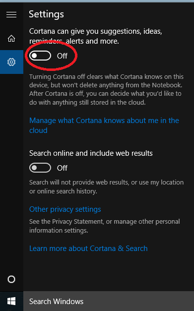 &quot;We're getting search ready&quot; error - Windows/Cortana Search-disablecortana.png