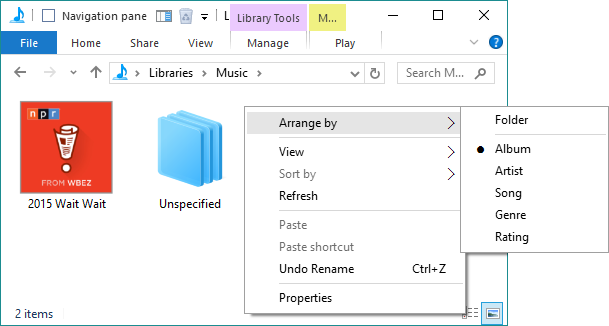 Music folder 'arrange by' function-libcontextmenu.png