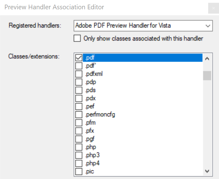 How can I get .PDF files to preview in Windows Explorer &amp; Outlook?-delme-preview-handler-association-editor.jpg