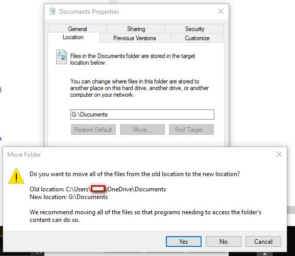 can't change documents folder location windows 10