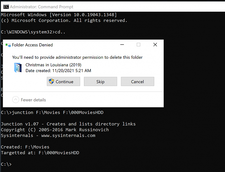 Can't delete folders/files within a symbolic link or junction mklink-capture.png