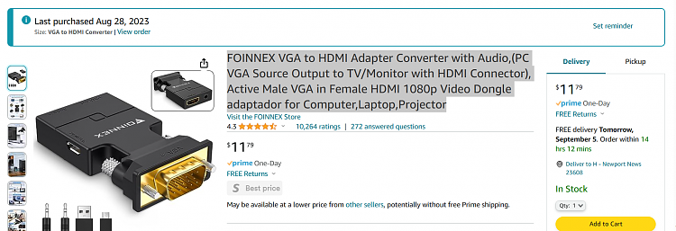 FOINNEX VGA to HDMI Adapter Converter with Audio,(PC VGA Source Output to  TV/Monitor with HDMI Connector), Active Male VGA in Female HDMI 1080p Video