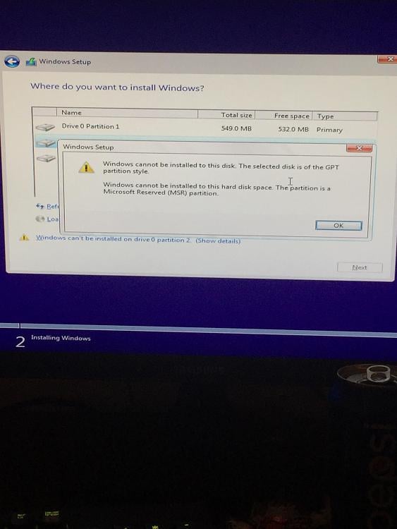 Cant install Windows 10 because of GPT partition error message