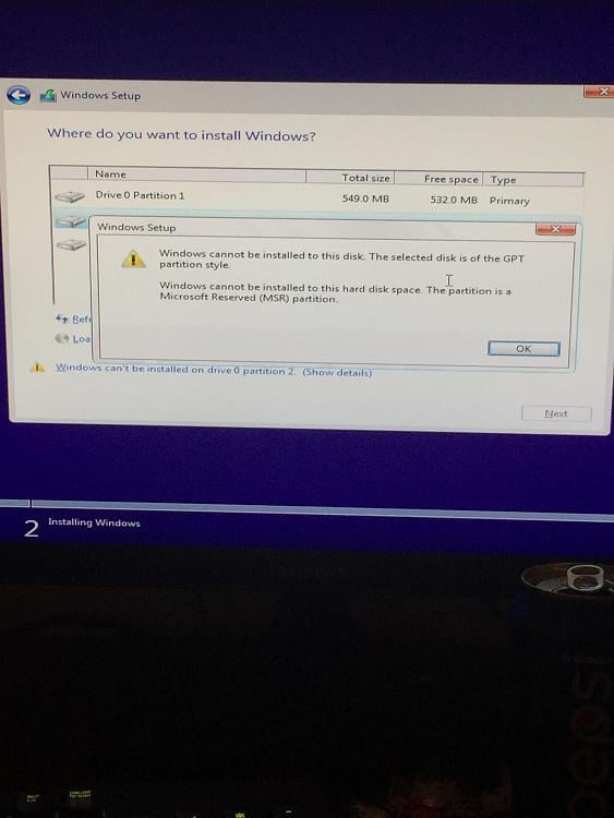 Windows cannot be installed on drive 0 partition 1