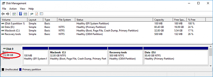 Windows 10 says SSD on Apple MacBook is 113GB but Apple OS says 120GB-capture.png