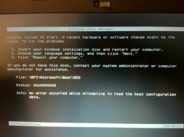 Windows failed. Windows 7 Boot ошибка. An Error occurred while attempting to read the Boot configuration data. Windows 7 UEFI. Windows Boot Manager 0xc00000f.