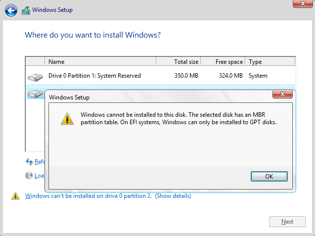 can't install windows 10 on gpt partition