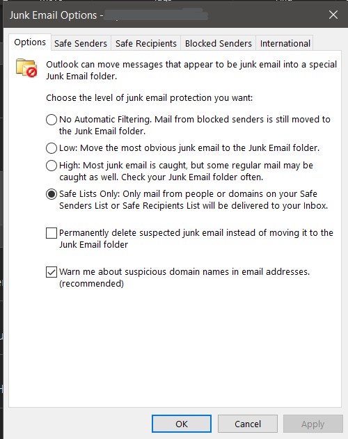I have TWO Outlook mail boxes. Only one works correctly. Why?-0820b-outlook-junkmail-options.jpg