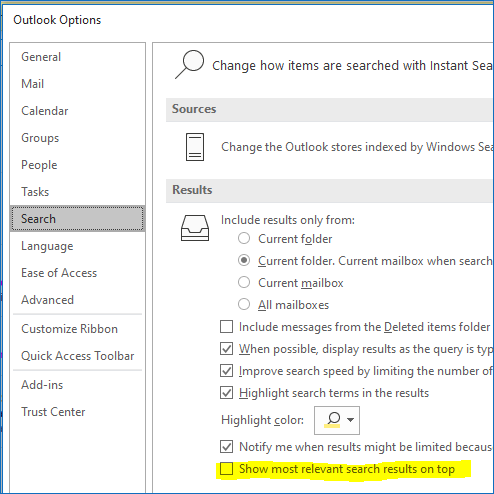 outlook 365 search not working