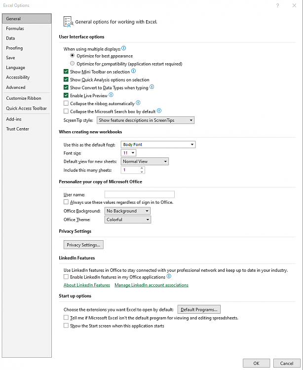 How to set Windows Mail app as default mail handler in Office?-excel-2021-file-options-general.png