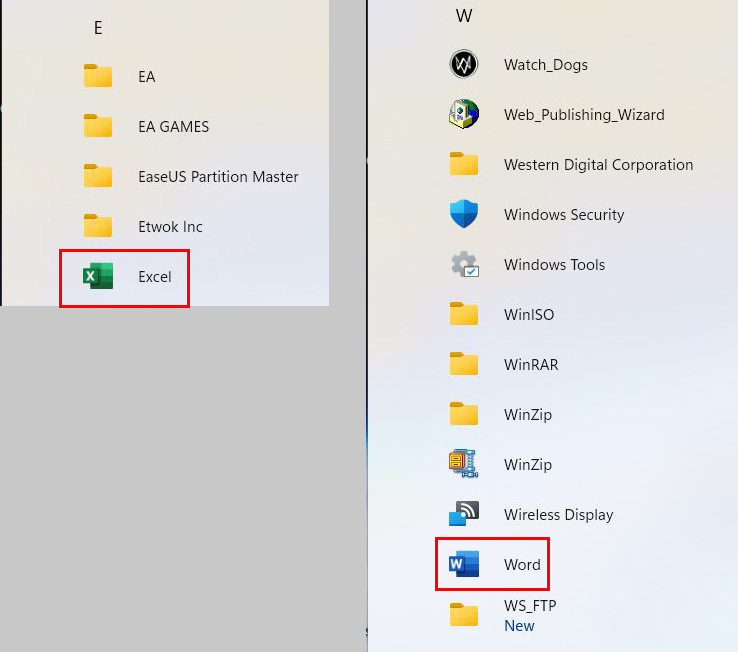 I can't find microsoft word and excel in start menu-excel-word-start-menu.jpg