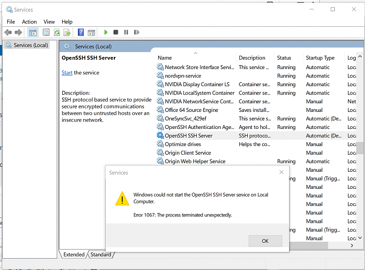 Error 1067 launching SSHD; windows powershell doesn't recognize 'sshd'-error-1067.png