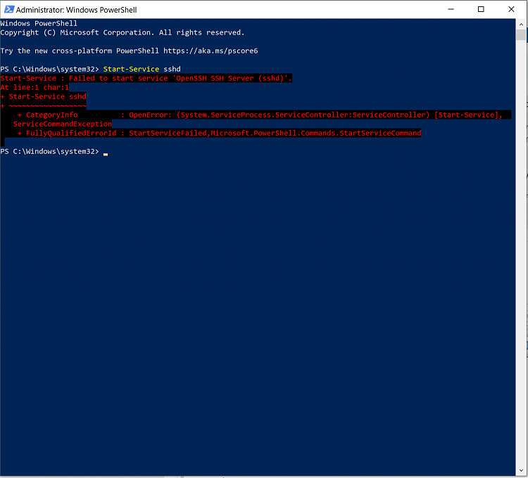 Error 1067 launching SSHD; windows powershell doesn't recognize 'sshd'-sshd-servicecommandexception.png