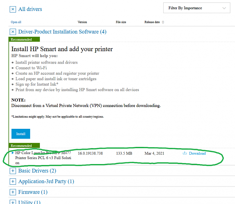 Setup of HP Officejet 9015e failing because HP Smart App does not open-hp-downloads-list.png