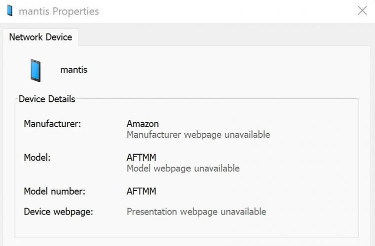What is the unknown mantis device in Network display in Windows 10-mantis_props.jpg