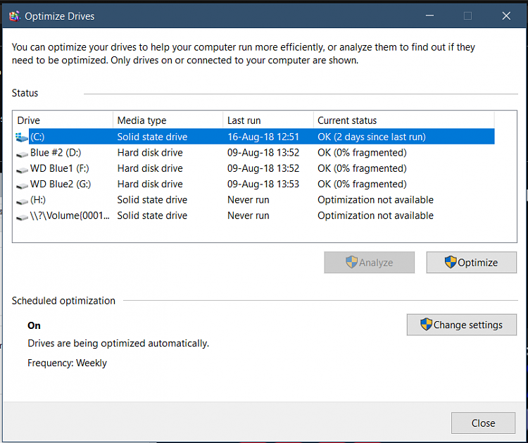 Should "Defragment and Optimize Drives" be running for - Windows 10