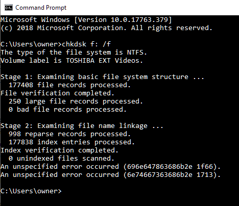 CHKDSK /F fails with An unspecified error occurred.-chkdsk-w10-1809.png