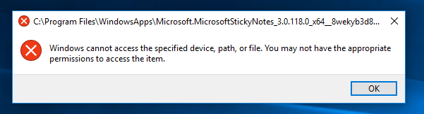 Sticky Notes upgrade - cannot access C:\Program Files\WindowsApps-error.png