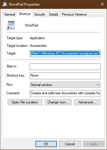 Trying to set Wordpad default to single space-wordpad-properties-shown-start-menu.jpg