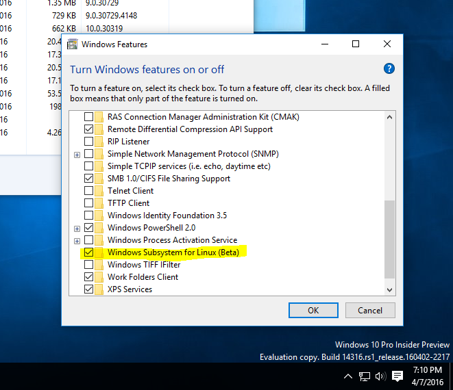 Installing and Running BASH on Windows 10 (Build 14316)-enabale_bash.png