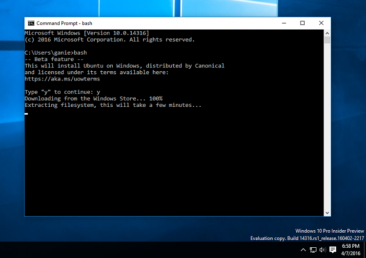 Installing and Running BASH on Windows 10 (Build 14316)-bash_install.png