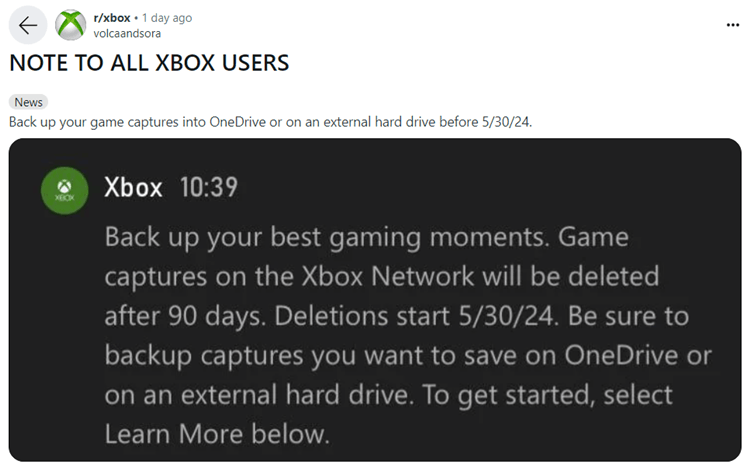 Xbox game captures will be deleted after 90 days starting May 30, 2024-xbox.png