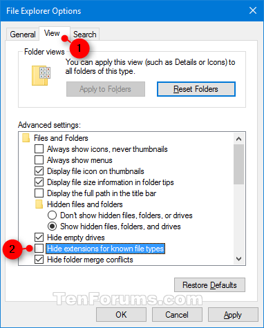 Show or Hide Files Name Extension in Windows 10