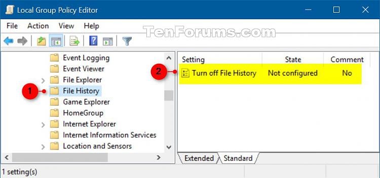 enable file history windows 10 group policy