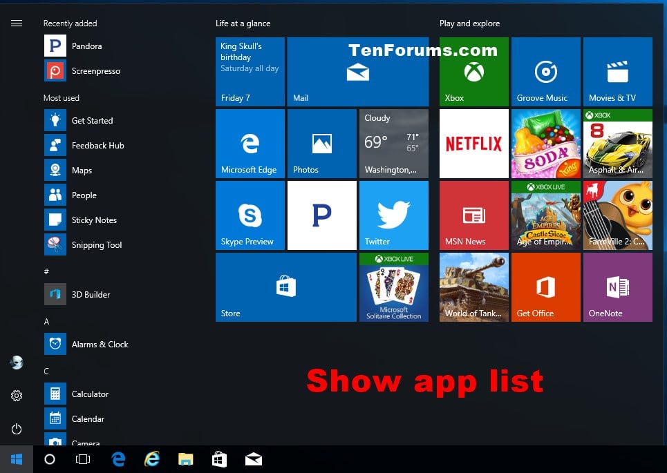 Start Menu App List - Hide or Show in Windows 10 - Windows 10 Tutorials