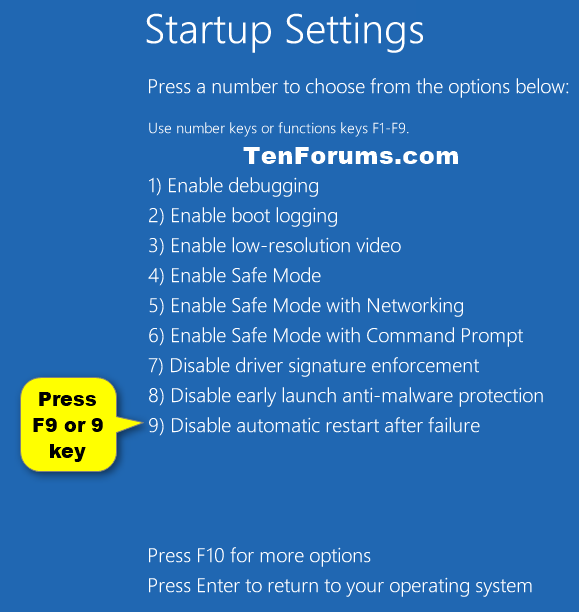 command to stop automatic restart windows 7