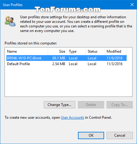 how to delete default profile windows 10