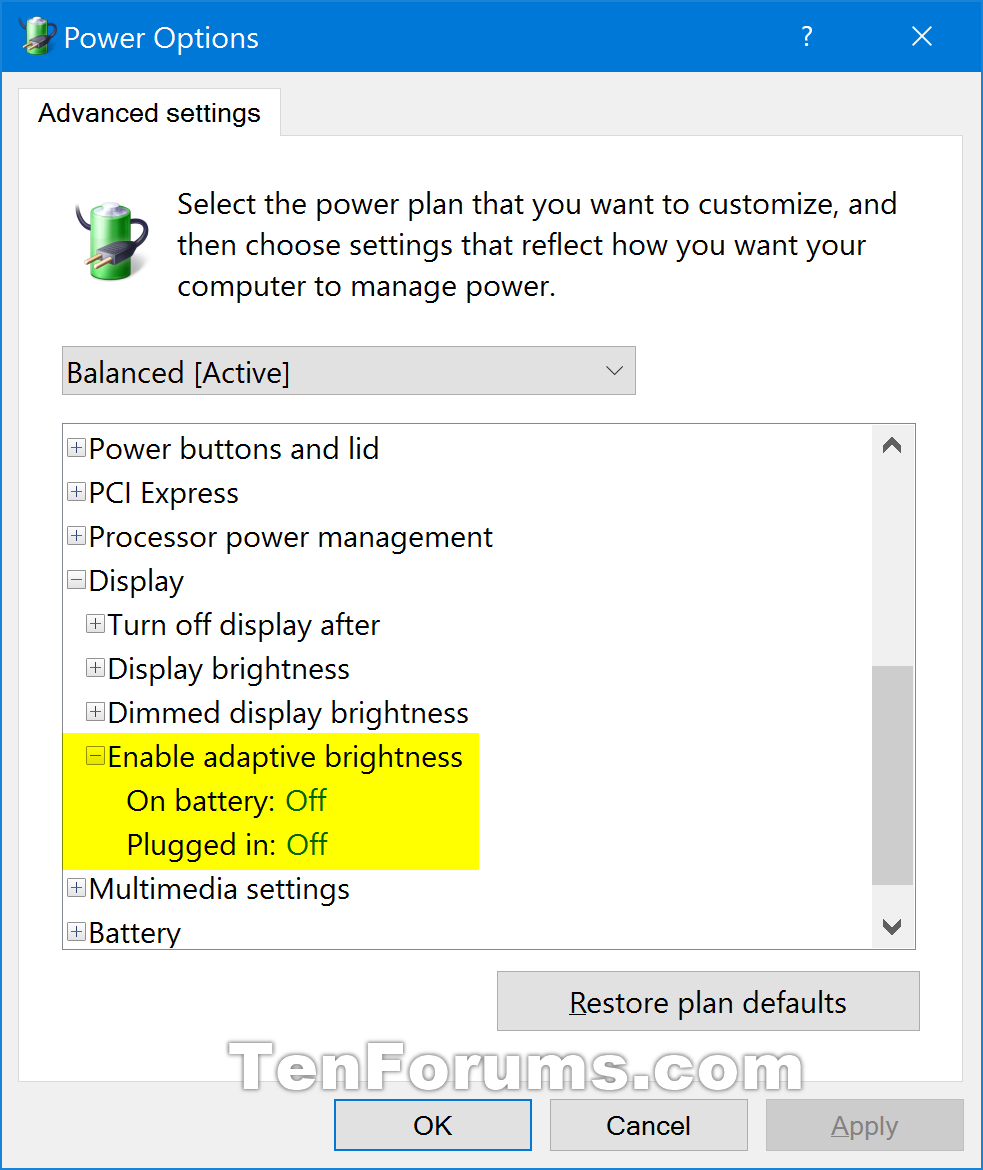 disable adaptive brightness windows 10 registry