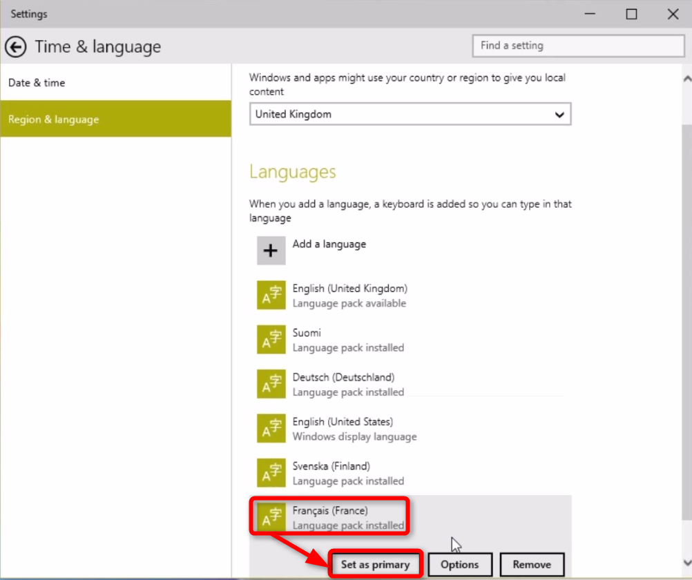 change win 10 language