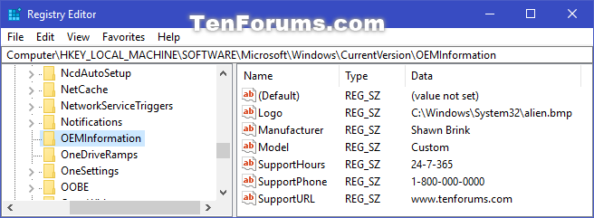Customize OEM Support Information in Windows 10-oeminformation_regedit.png